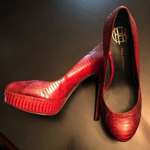 House of Holland platform heels wine snake skin